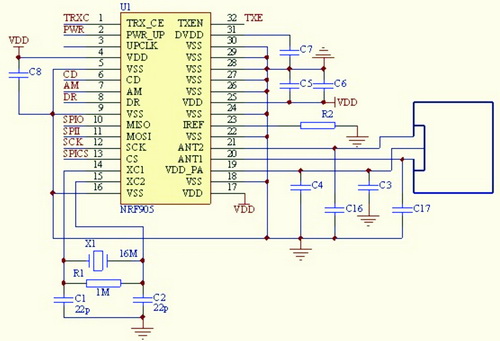 图4  nrf905与mcu的电路图