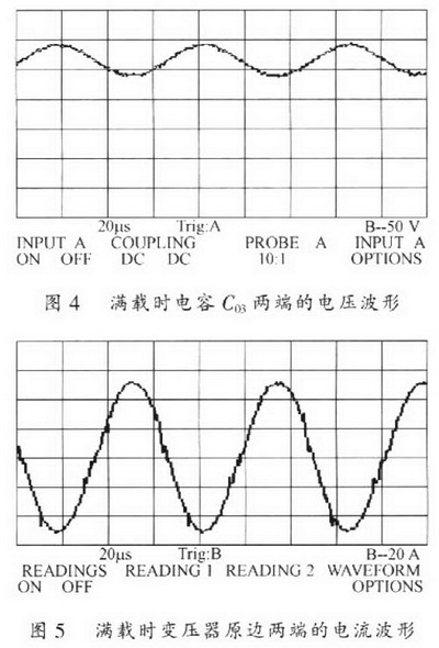 满载时电容C03两端的电压及高频变压器原边电流波形