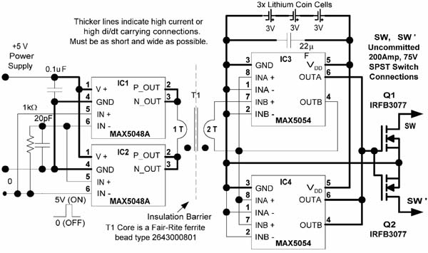 能夠產(chǎn)生200A、75V瞬變的SPST雙極性電源開(kāi)關(guān)(07-100)