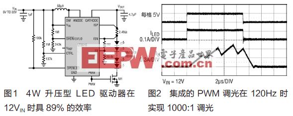 4W LED驱动器高效率驱动LCD显示器和其它应用