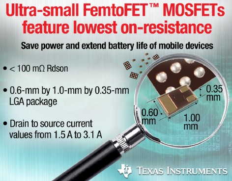 德州仪器超小型 FemtoFET™ MOSFET 支持最低导通电阻