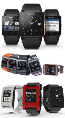      各种智慧手表:Smartwatch2(上)、Gear2(中)、Pebble(下)(Sony/Samsung/Pebble)   