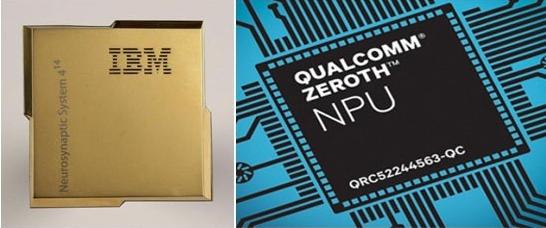      左：IBM公司于2014年8月推出的SyNAPSE芯片外观；右：高通Zeroth芯片的宣传图  