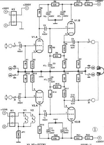 雙三極管ECC822電子管組成的OTL耳機放大器電路