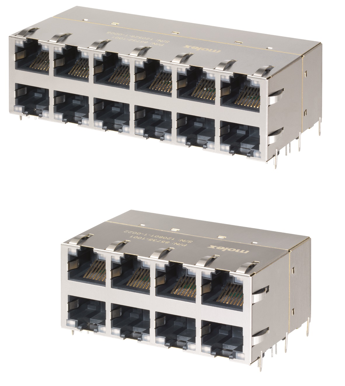 Molex PoE+ 12 端口 (2x6) 和 8 端口 (2x4) RJ45 磁性插座