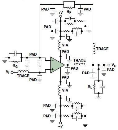 典型的運算放大器電路，（a）原設(shè)計圖，（b）考慮寄生效應(yīng)后的圖