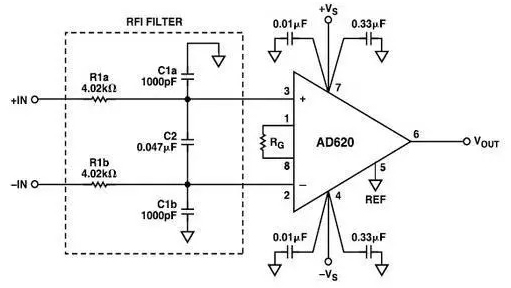 用于AD620系列仪表放大器的射频干扰抑制电路