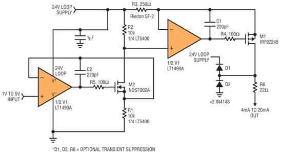 將 1V 至 5V 信號轉換為 4mA 至 20mA 輸出