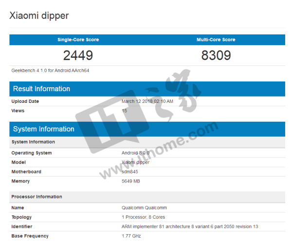 小米7？小米新旗艦手機(jī)現(xiàn)身跑分：多核8309分