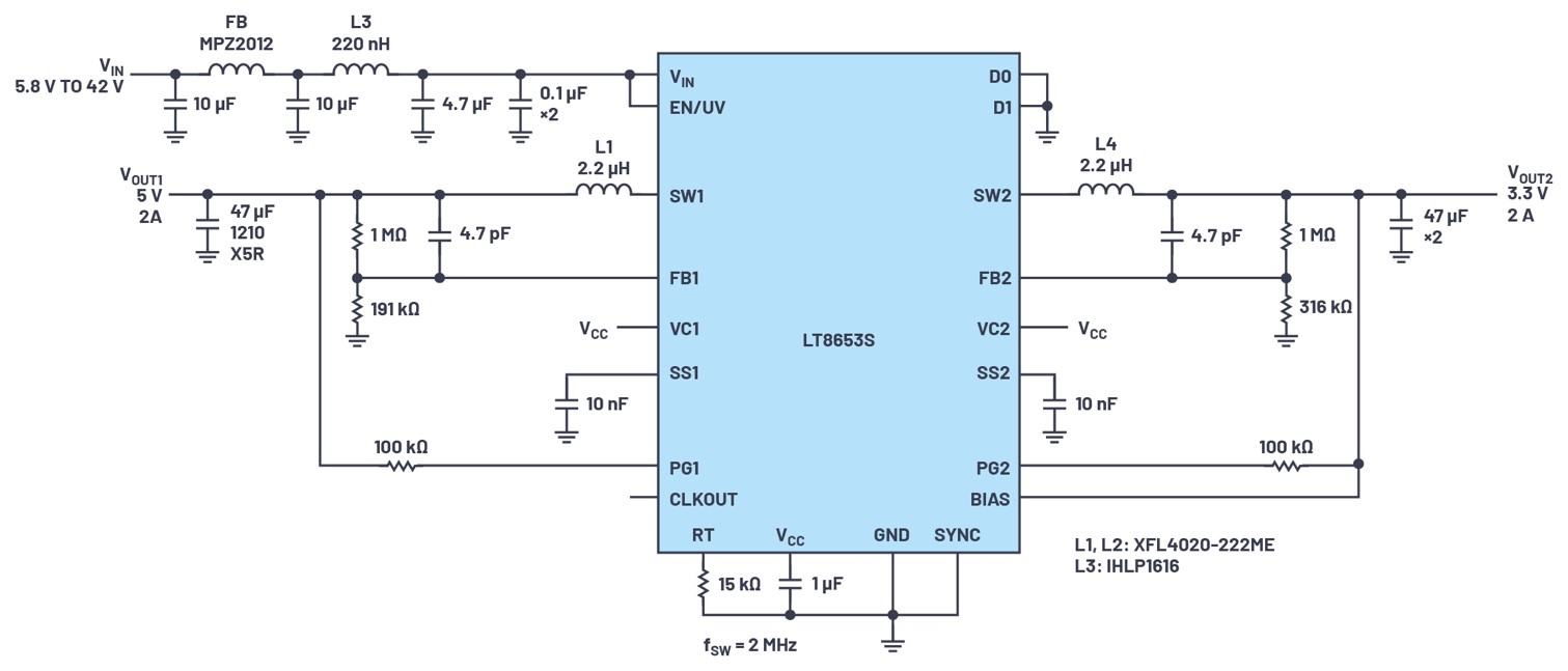 具有6.2 µA静态电流的双通道、42 V、2 A、单片、同步降压型Silent Switcher 2稳压器