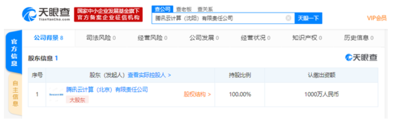 騰訊云在沈陽(yáng)成立新公司 注資1000萬(wàn)