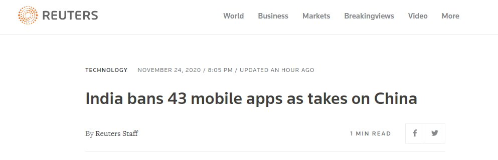 外媒：印度再对43款应用程序颁布禁令，多数来自中国