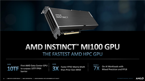 AMD发布全新架构计算卡Instinct MI100：AI性能暴涨7倍