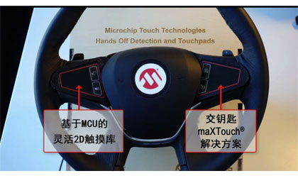 带电容离手检测、触摸面板和按键的Microchip方向盘演示