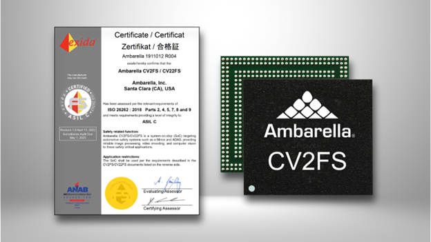 安霸CV2FS/CV22FS获得ASIL C芯片功能安全认证，超越市场同类芯片水平
