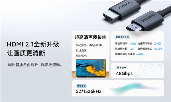 99元！小米发布8K HDMI 2.1数据线：支持动态HDR