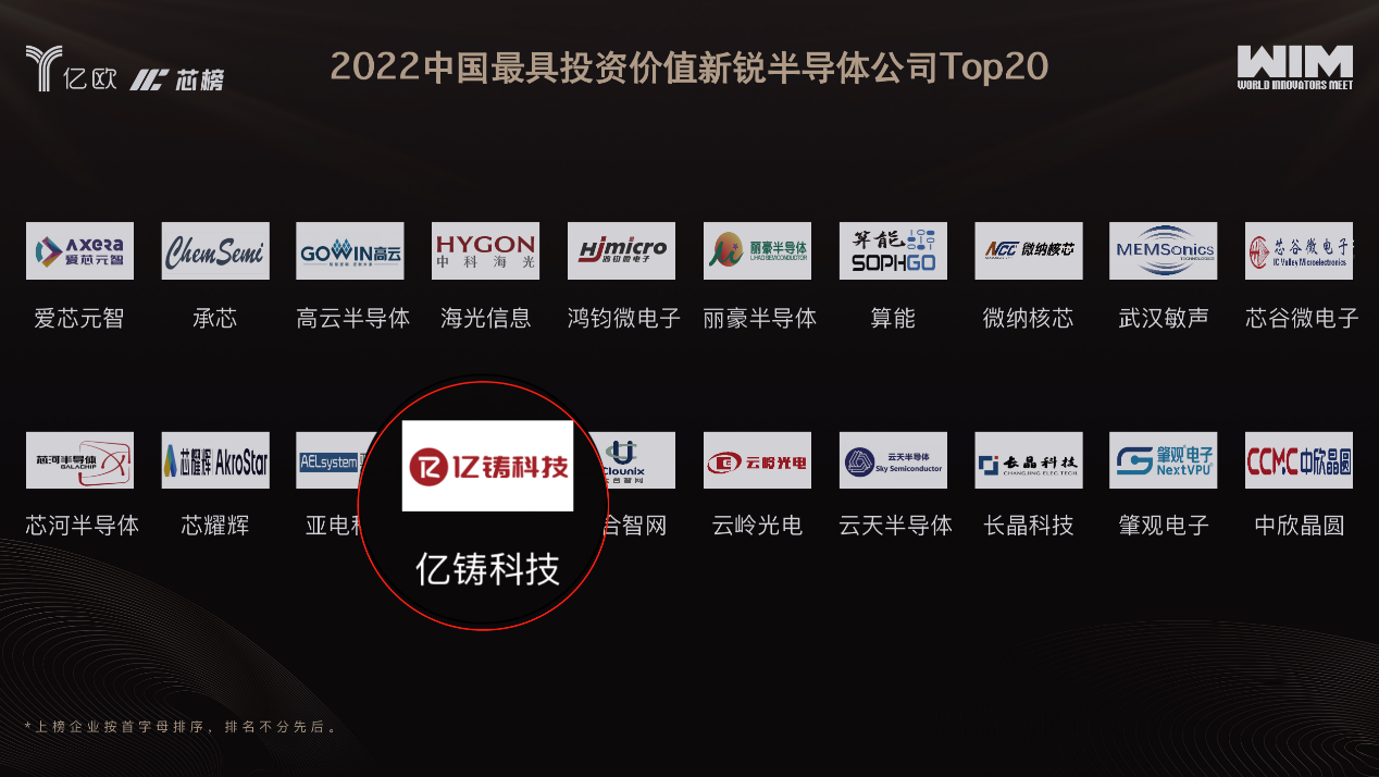 亿铸荣登亿欧芯榜2022中国最具投资价值半导体公司Top20