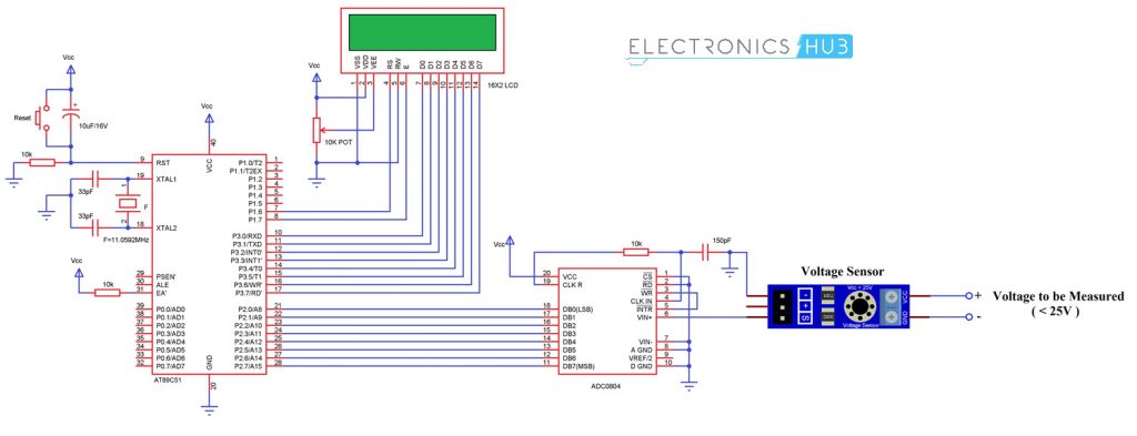 Digital Voltmeter using 8051 Microcontroller and Voltage Sensor Circuit Diagram