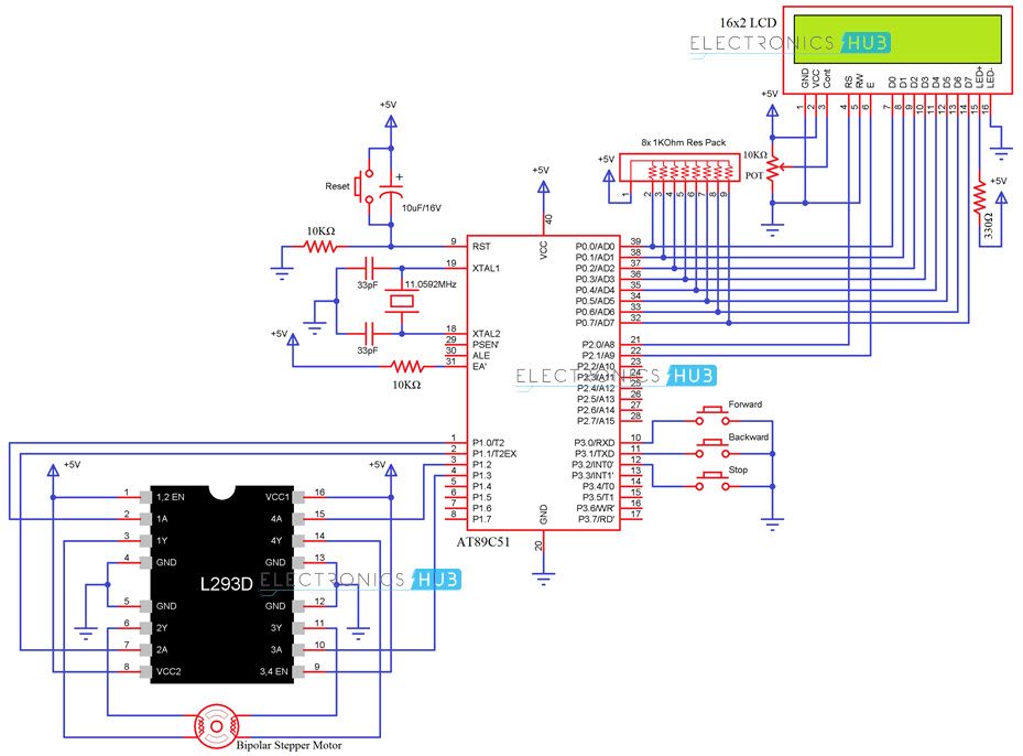 Stepper Motor Control using 8051 Microcontroller L293D Circuit Diagram