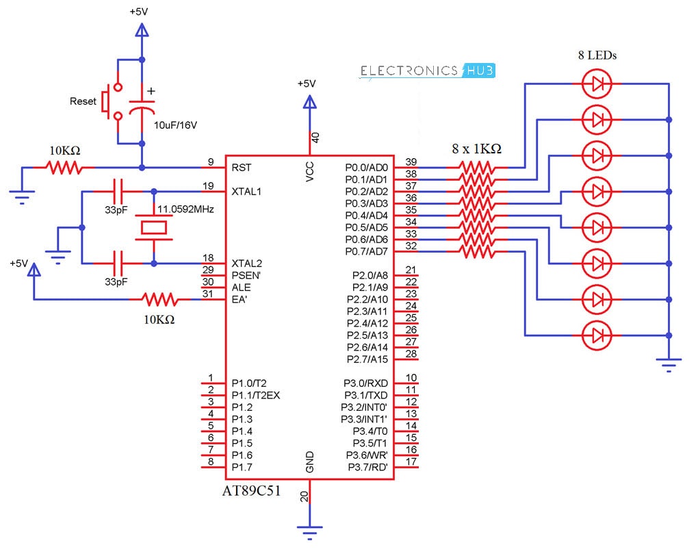 Interfacing LED with 8051 Microcontroller Circuit Diagram