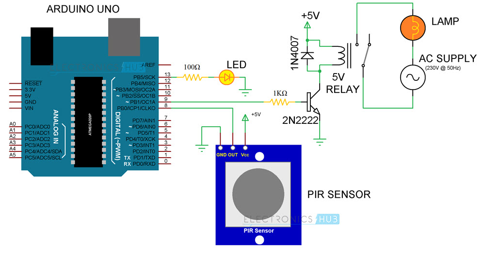Automatic Room Lights using Arduino and PIR Sensor Circuit Diagram 2