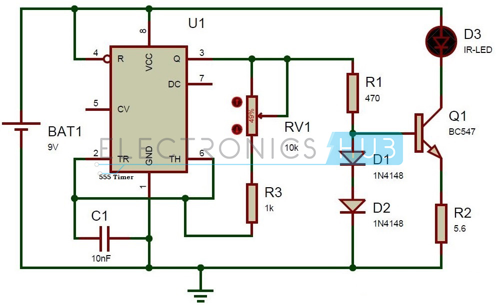 Circuit Diagram of TV Remote Jammer using 555 Timer IC