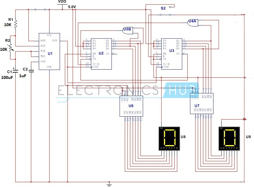 555定時器數(shù)字秒表電路