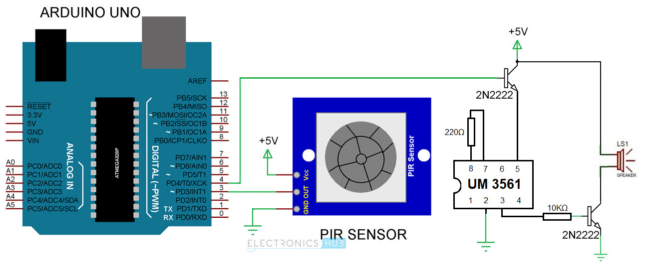 PIR Sensor based Security Alarm System using Arduino Circuit Diagram