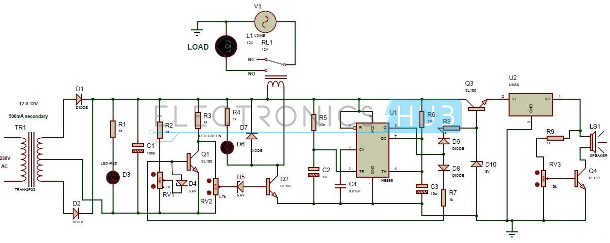 High and Low Voltage Cut-off with Delay Alarm Circuit Diagram