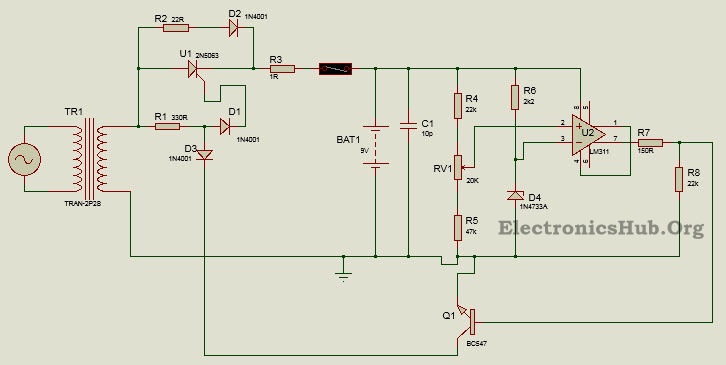 Circuit Diagram of Battery voltage charger using LM311 and SCR