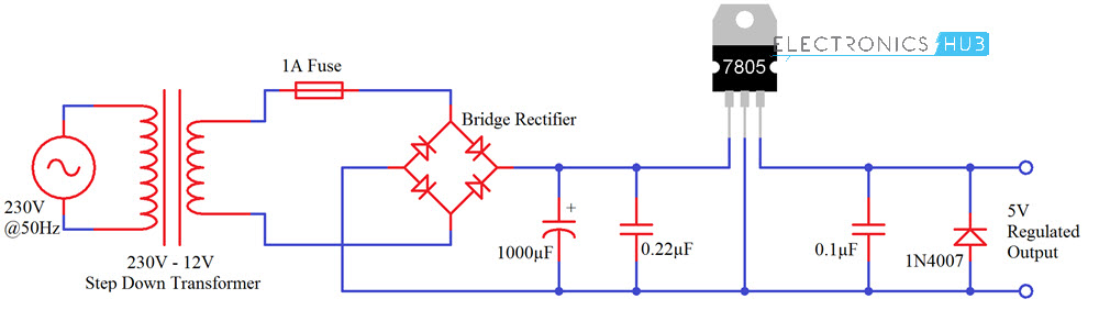 Understanding 7805 Voltage Regulator IC AC Source Circuit