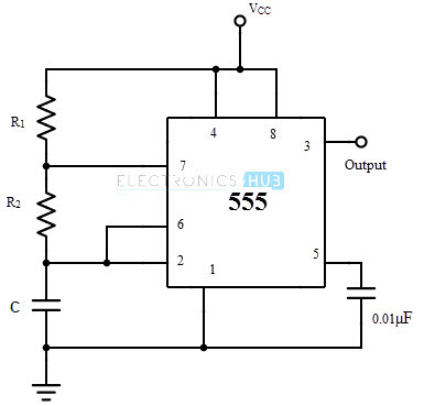 Schematic of IC 555 as Astable Multivibrator