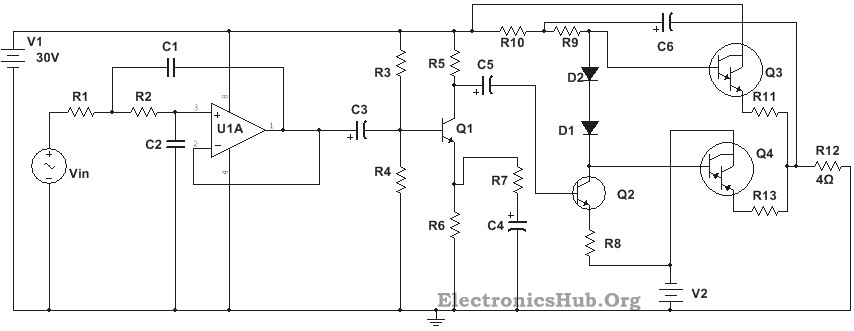 circuit diagram of 100w sub woofer amplifier