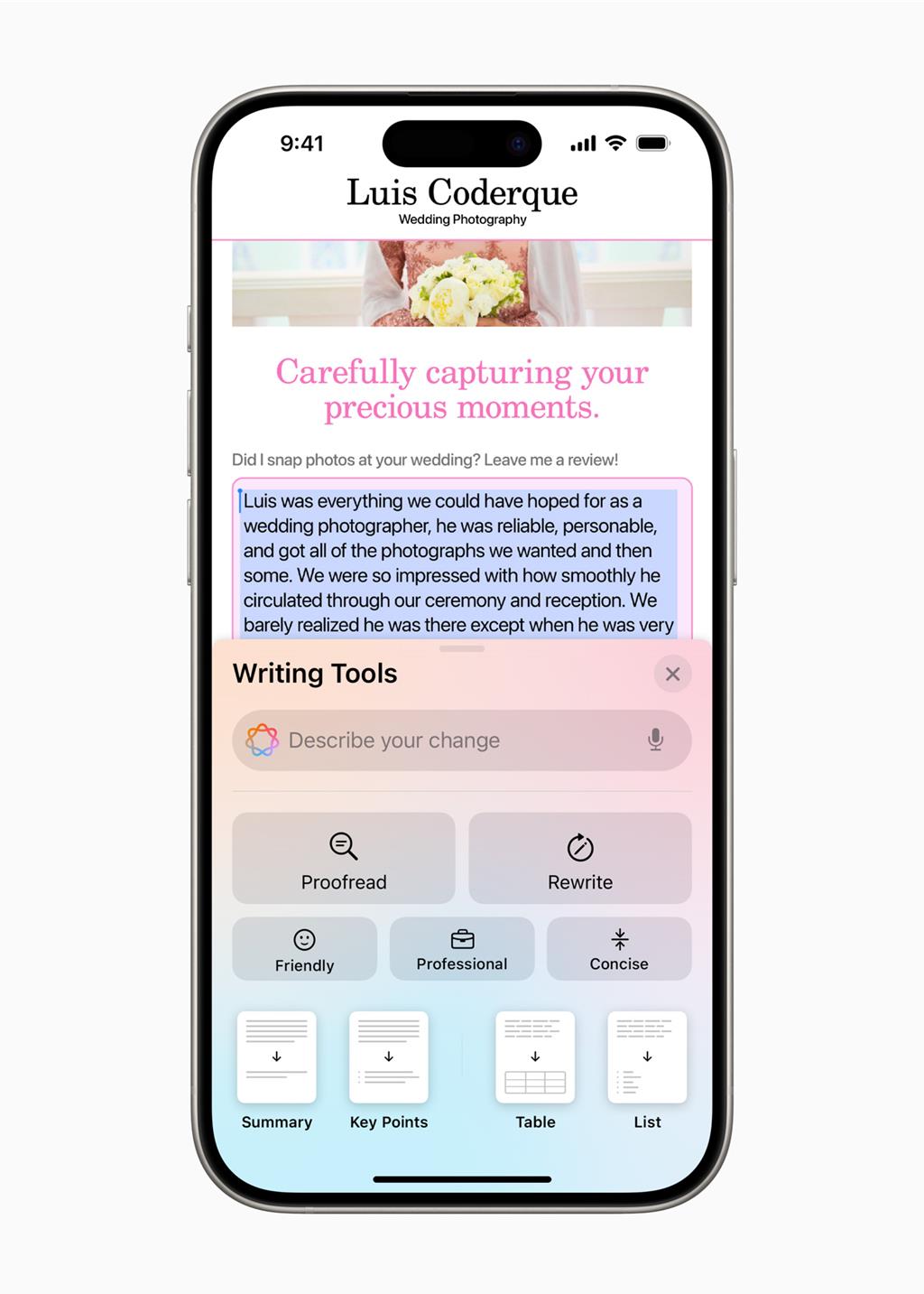 Apple Intelligence透過 iOS 內建的全新全系統「Writing Tools」，使用者在「郵件」、「備忘錄」、Pages 和第三方 app 等，都可以對文字進行改寫、校對和摘要。（Apple提供）