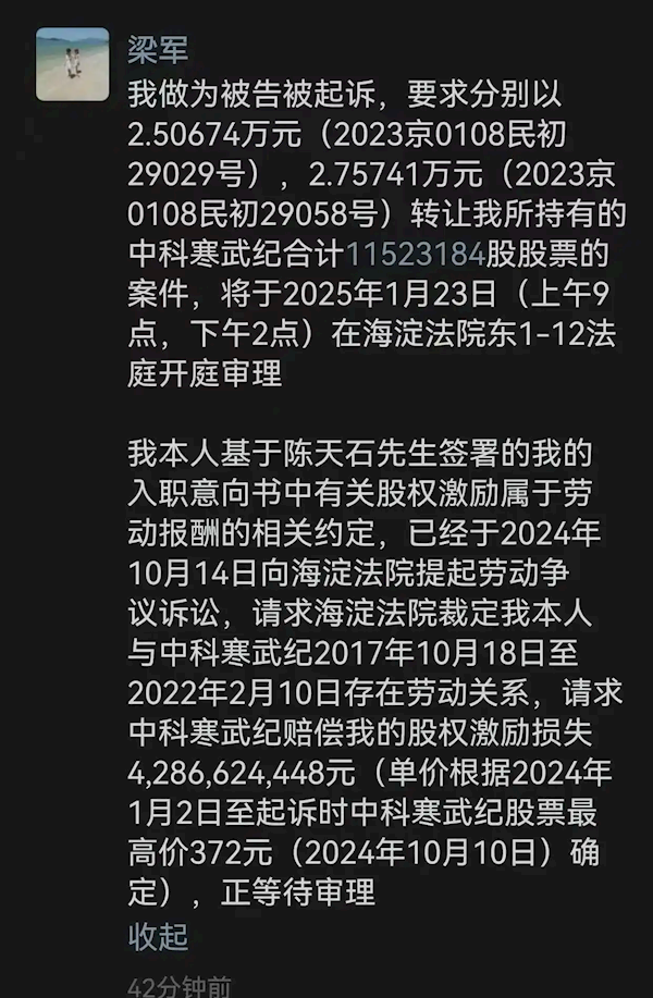 國產(chǎn)AI芯片第一股：寒武紀遭前CTO梁軍起訴索賠42.9億元股權(quán)激勵