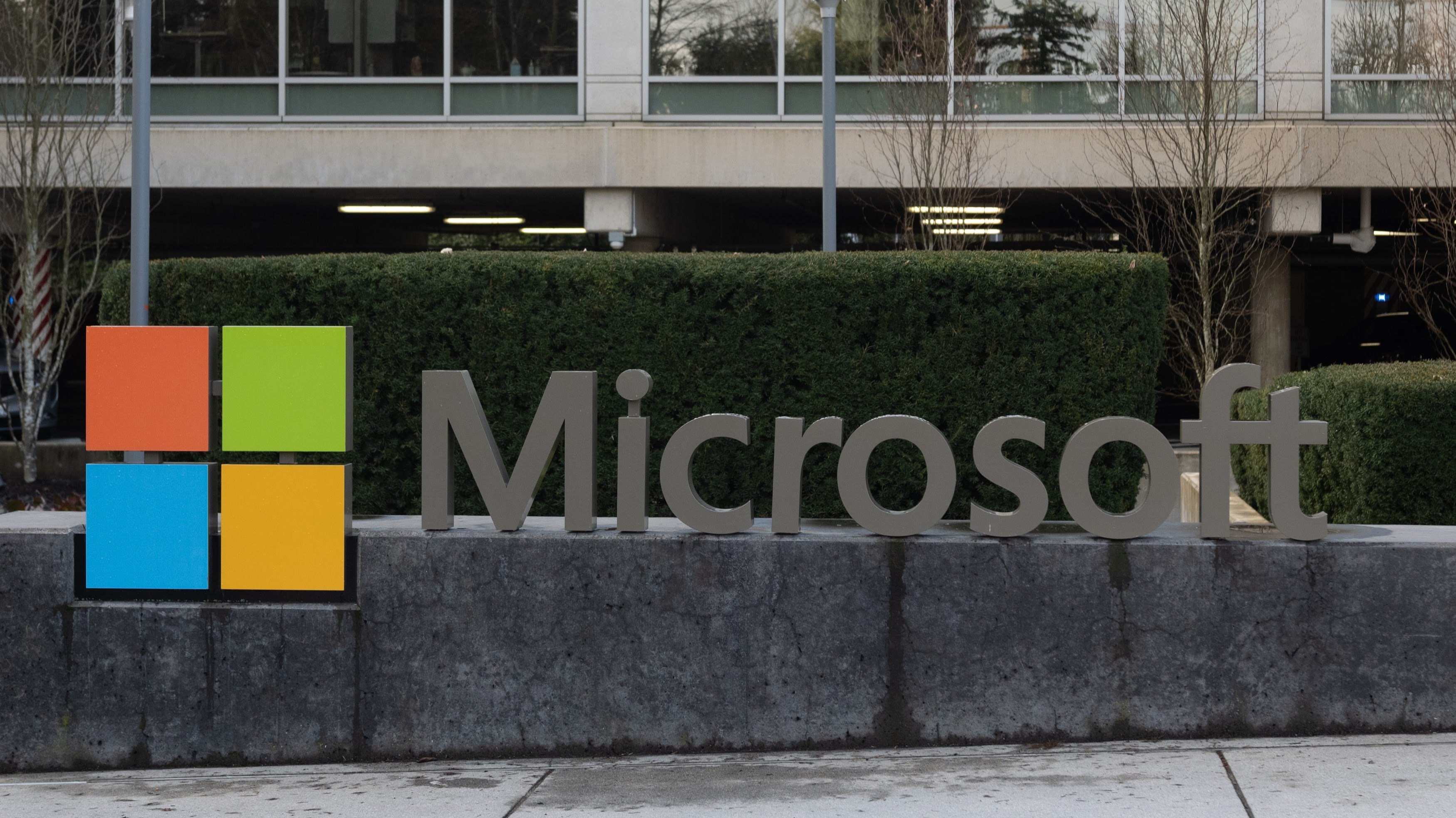 Microsoft logo outside the Redmond campus