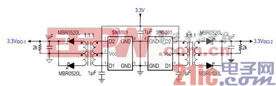 圖 5 VISO-1 和 VISO-2 的隔離式電源設(shè)計(jì)