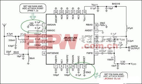 采用MAX2180的單天線解決方案應用原理圖