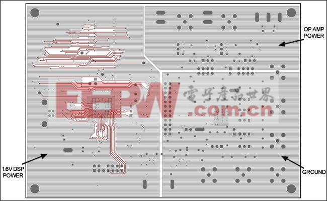 圖9. 基于8通道MAX11046的DAS系統(tǒng)電路板布局的第2層，電源平面分區(qū)。