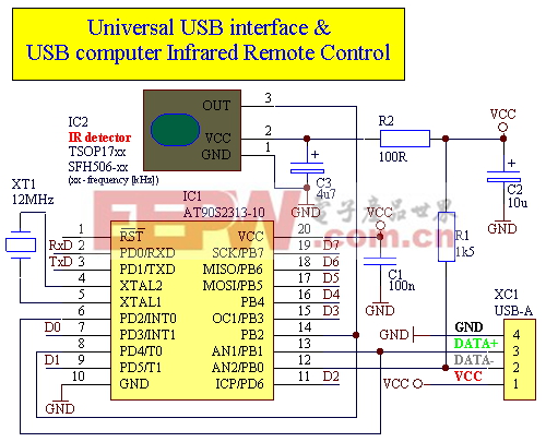基于90s2313做的USB接口的红外遥控器USB infrared remote control