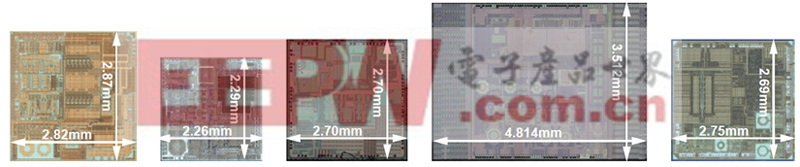 图1: 5款芯片实际比例去封装顶层图(左起分别为ADMTV102、ADMTV803、MxL5007T、SMS1180和TP3021)。