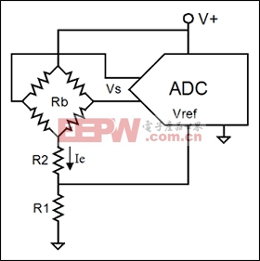 图5. 传感器和ADC组合的另一种设计方法，无需独立的电流源或电压基准。