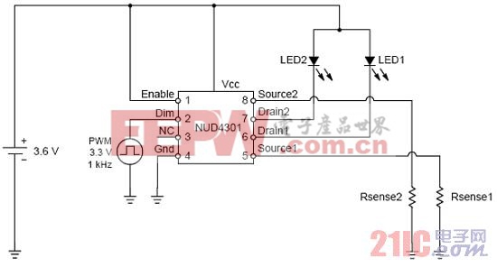 采用線性穩(wěn)壓器NUD4301做為推動小型LCD面板背光的兩顆LED驅(qū)動電路