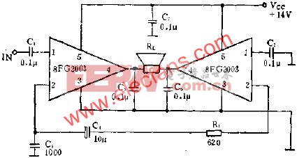 8FG2003拼成BTL放大电路的应用  www.elecfans.com