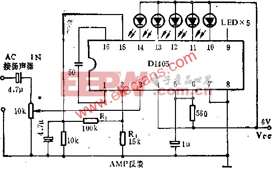 D1405电平指示驱动电路作竟音量表的应用电路图  www.elecfans.com