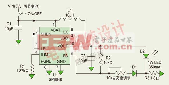 圖4：2節(jié)五號(hào)電池驅(qū)動(dòng)350mA LED并帶有亮度調(diào)節(jié)功能的控制回路。