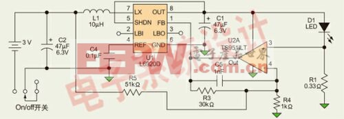 圖1：利用高效率升壓控制器設(shè)計的自動調(diào)光LED手電筒電路。