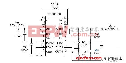 支持双重输入的 TPS65136 降压升压转换器拓朴