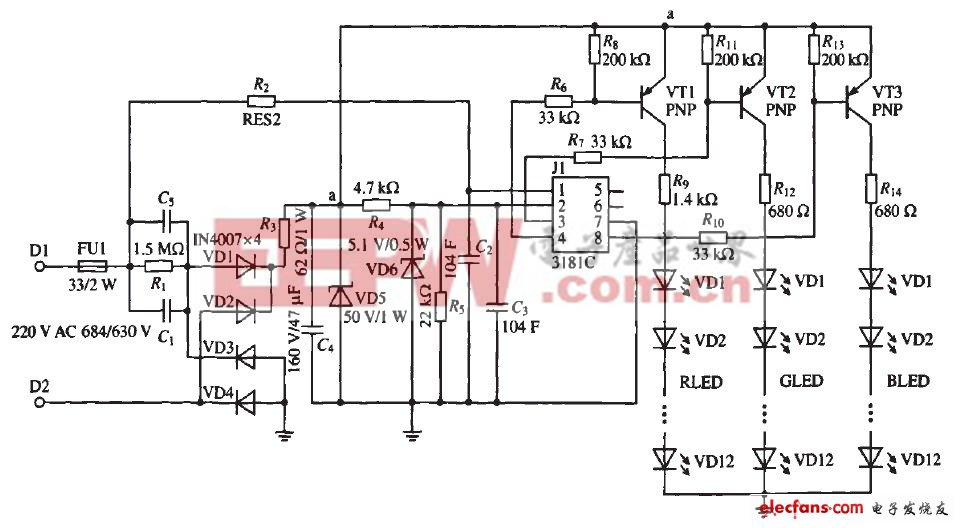 圖1 LED景觀照明燈電路