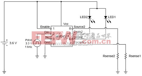 采用线性稳压器NUD4301做为推动小型LCD面板背光的两颗LED驱动电路